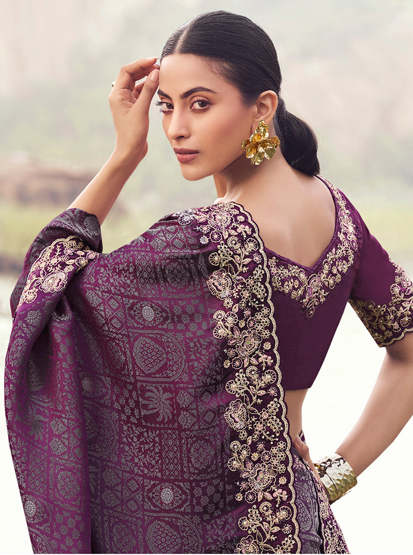 Monjolika Fashion Wine Embroidered Woven Satin Silk Saree