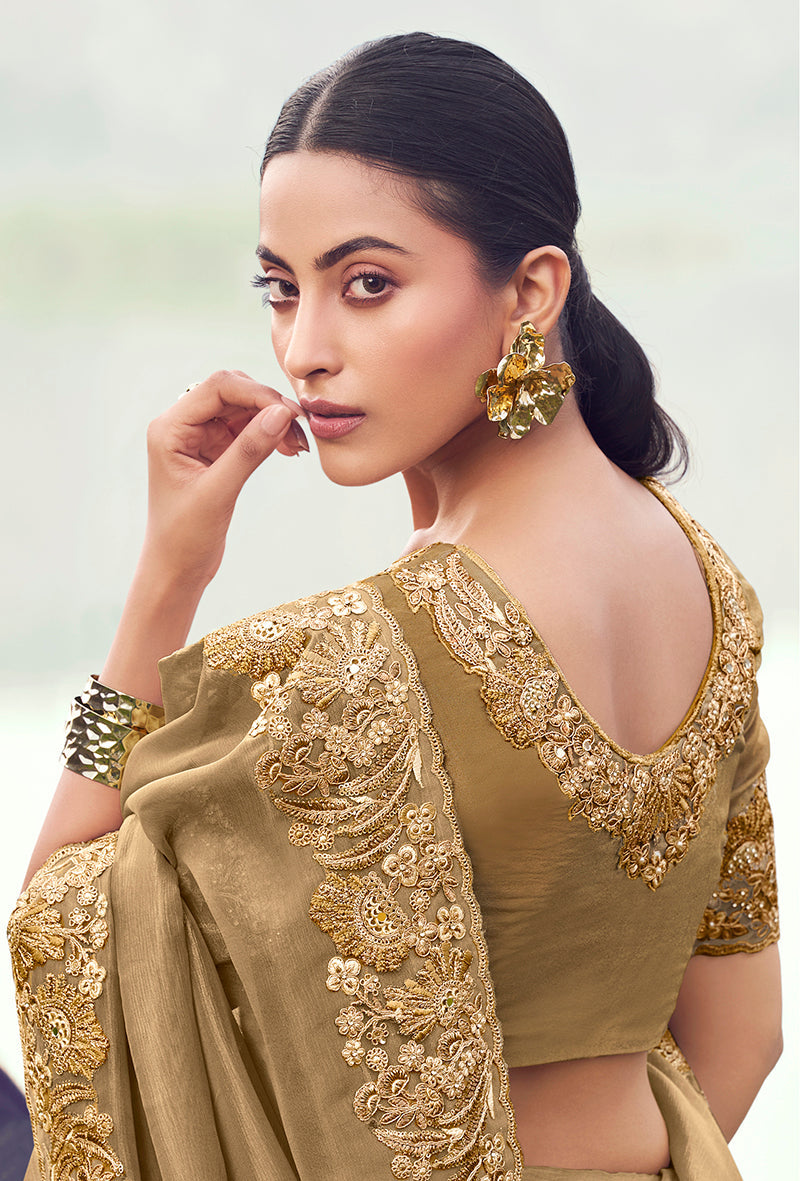 Monjolika Fashion Chiku Embroidered Banarasi Silk Blend Saree