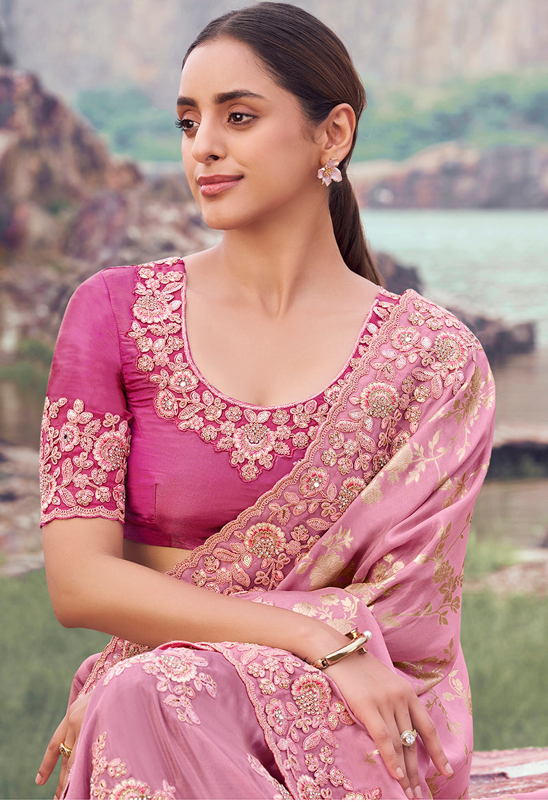 Monjolika Fashion Onion Pink Embroidered Woven Faux Tissue Silk Saree