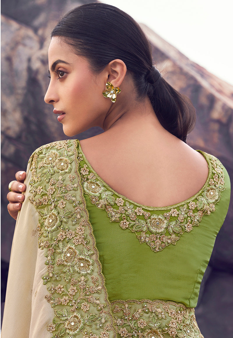 Monjolika Fashion Beige & Green Embroidered Woven Faux Tissue Silk Saree