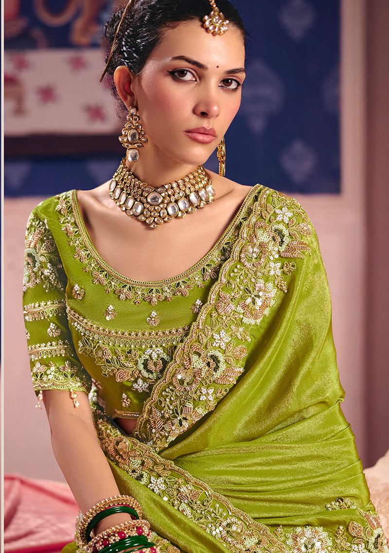 Monjolika Fashion Parrot Green Viscose Zari Tissue Silk Embroidered Saree