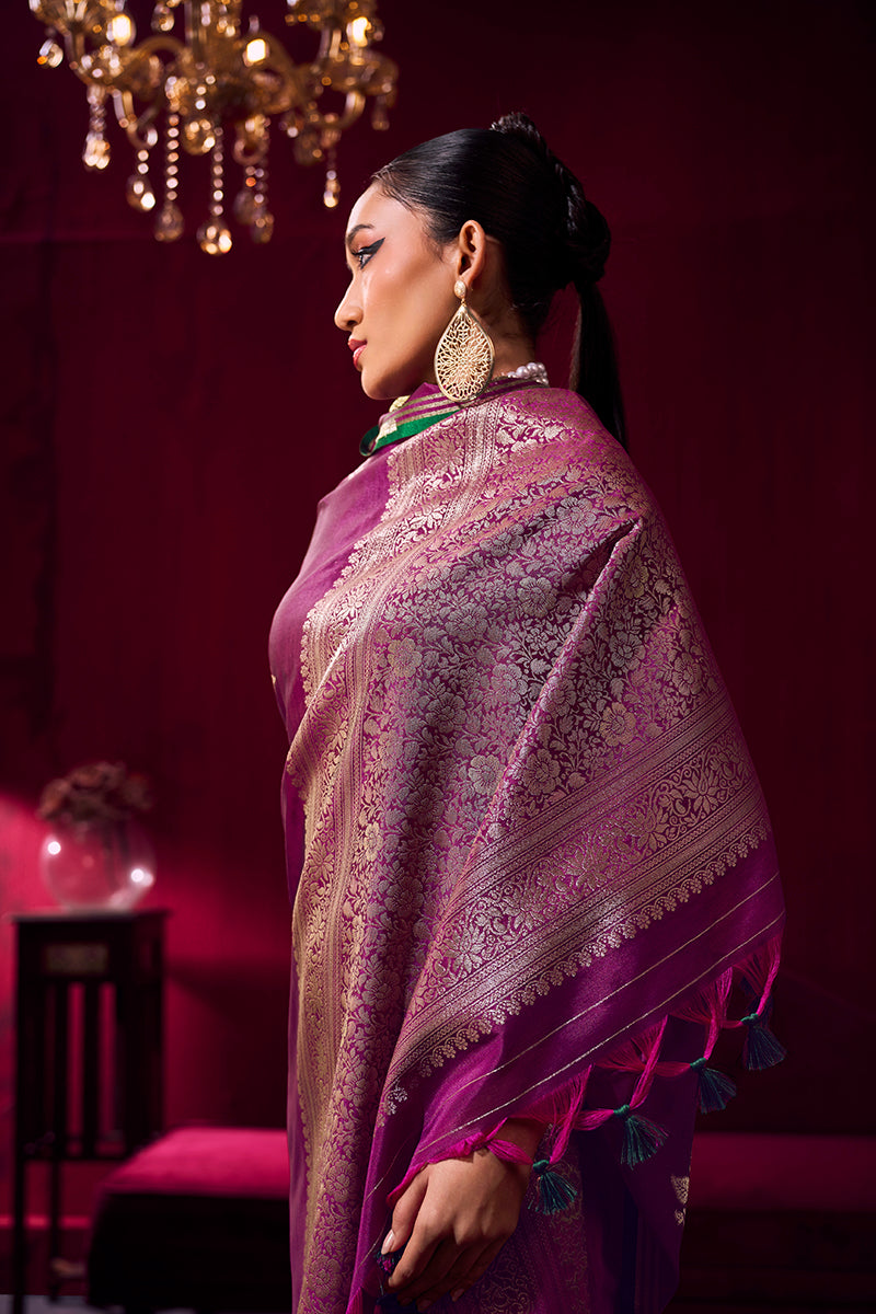 Monjolika Fashion Dark Magenta Satin Linen Handloom Weaving Silk Saree