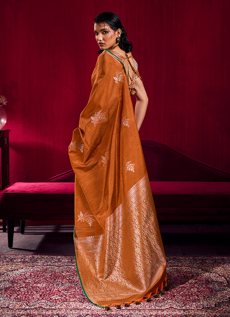 Monjolika Fashion Rust Satin Linen Handloom Weaving Silk Saree