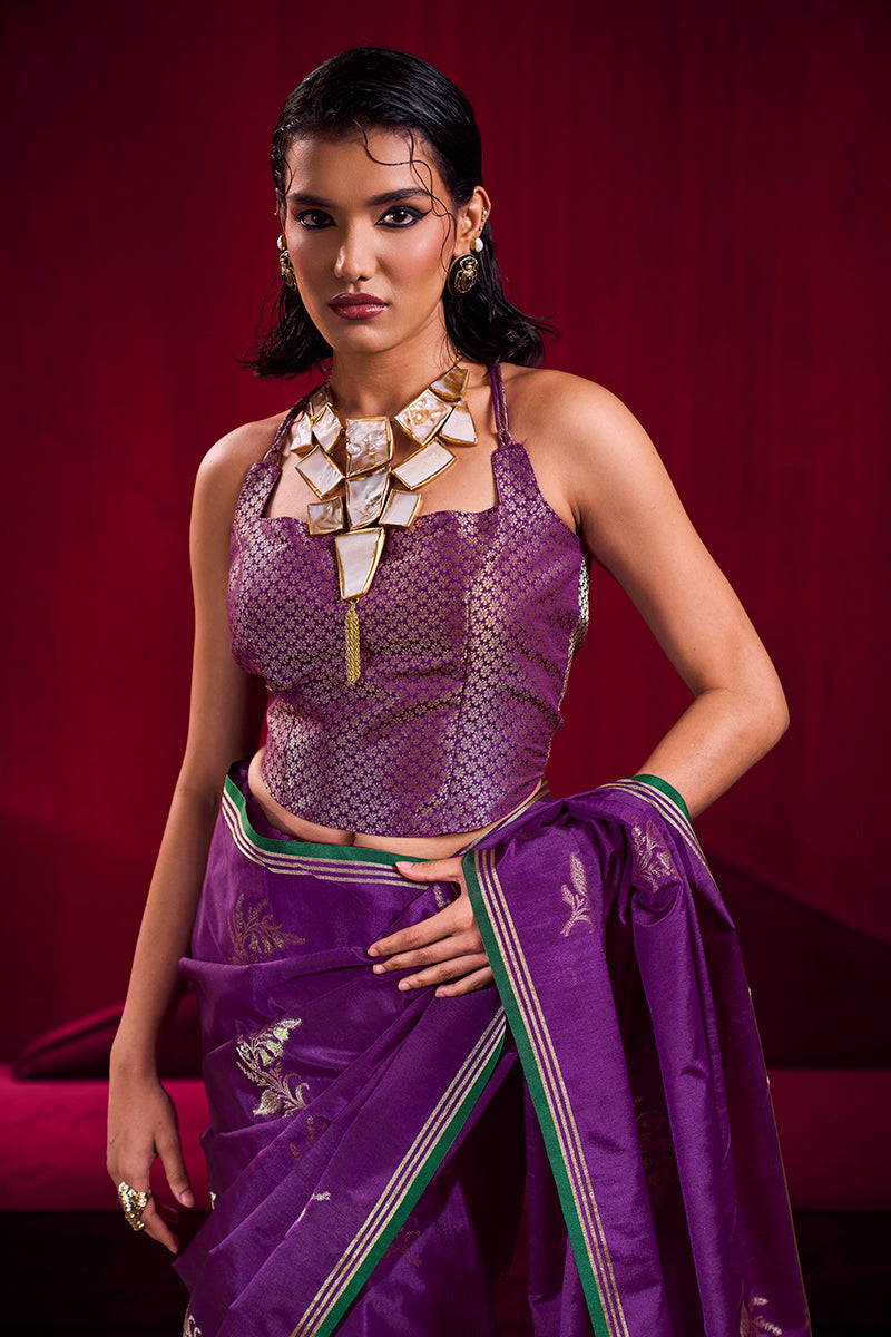 Monjolika Fashion Purple Satin Linen Handloom Weaving Silk Saree