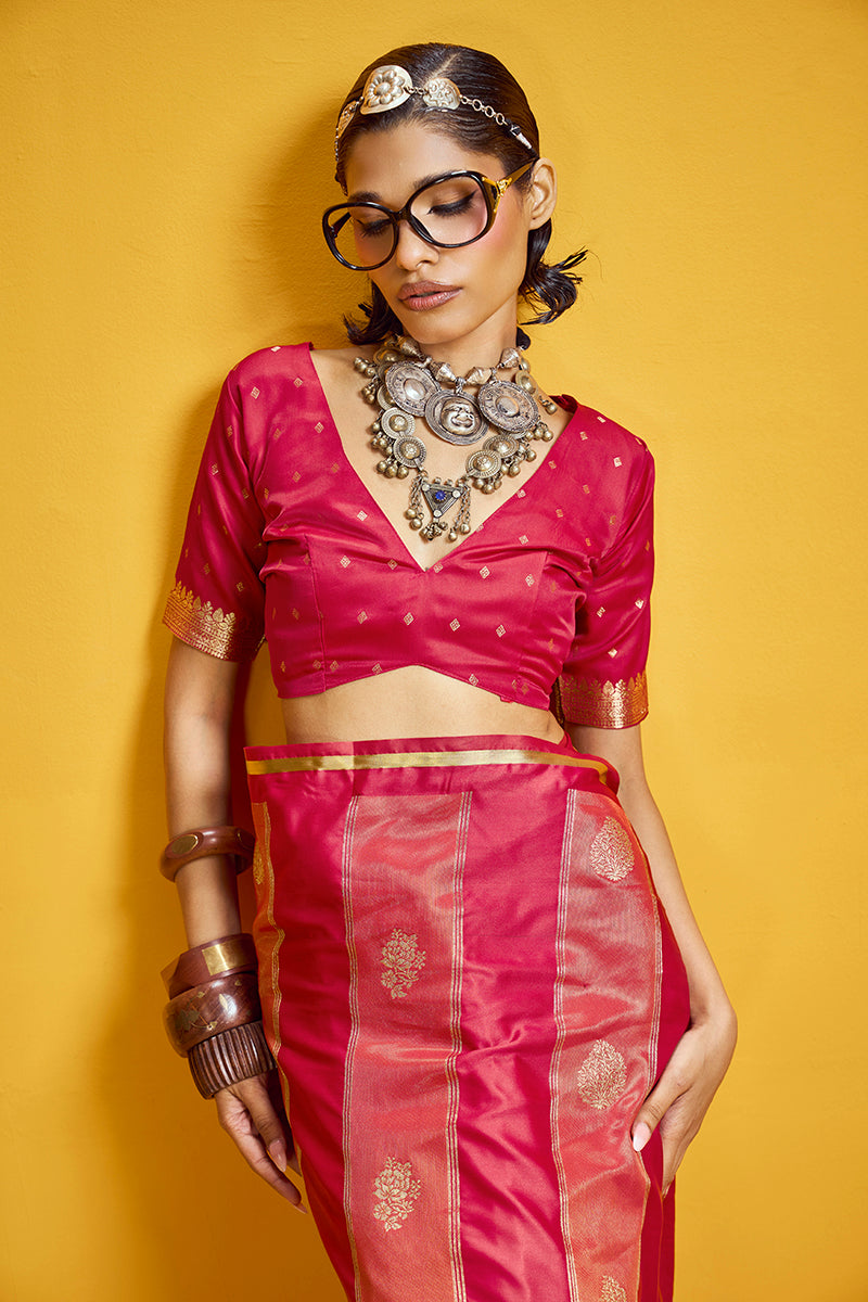 Monjolika Fashion Red Color Satin Silk Handloom Weaving Saree