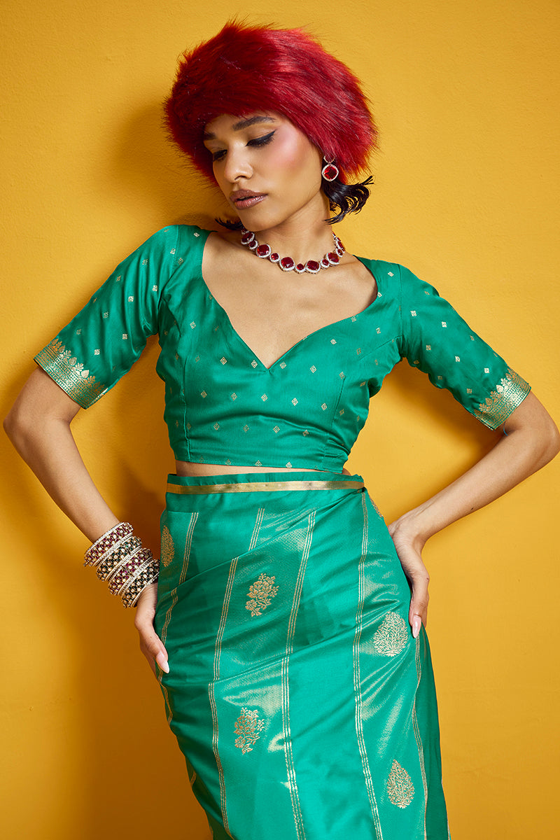 Monjolika Fashion Sea Green Color Satin Silk Handloom Weaving Saree