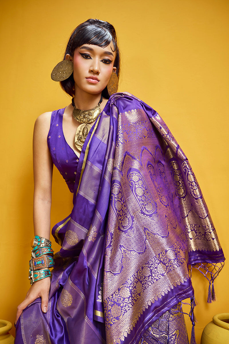 Monjolika Fashion Violet Color Satin Silk Handloom Weaving Saree