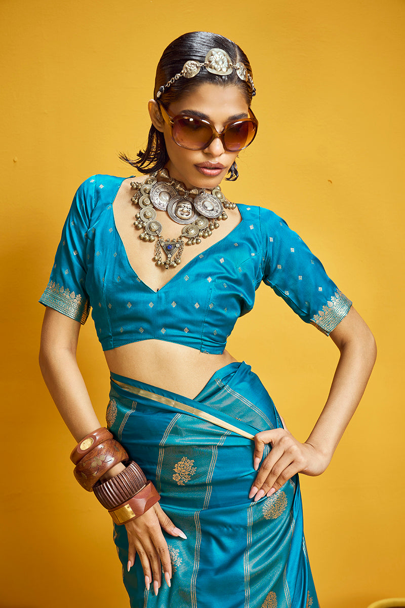 Monjolika Fashion Aqua Blue Color Satin Silk Handloom Weaving Saree