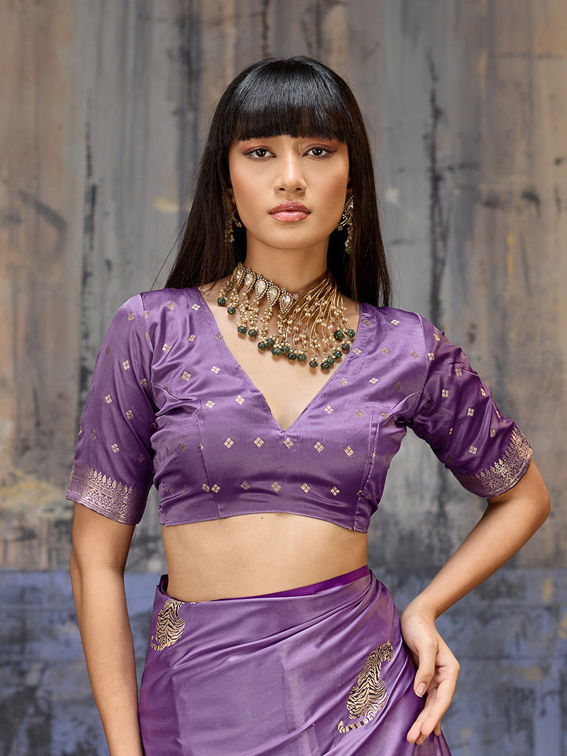 Monjolika Fashion Lavender Satin Weaving Silk Blend Saree With Elegant Golden Pallu