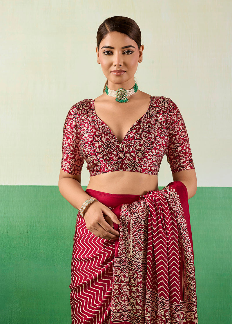 Monjolika Fashion Ajrakh Maroon Faux Satin Printed Saree