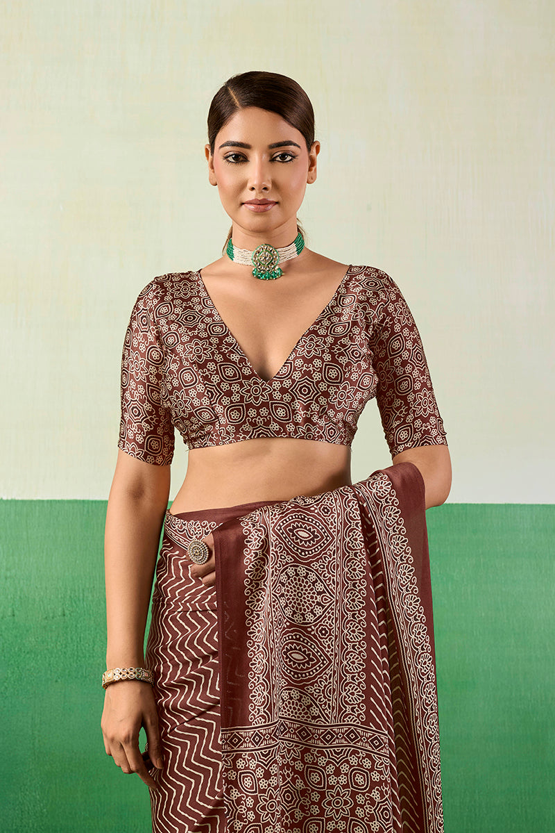Monjolika Fashion Ajrakh Brown Faux Satin Printed Saree