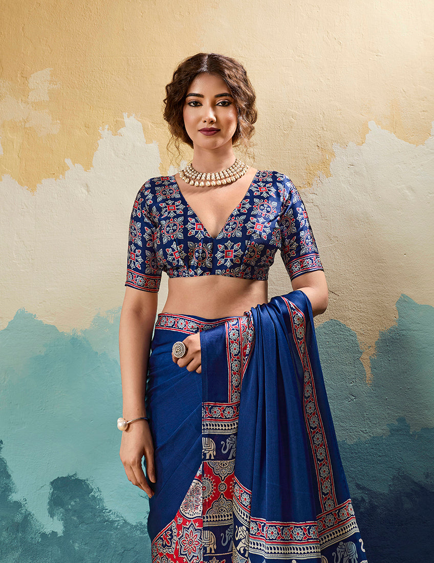 Monjolika Fashion Ajrakh Navy Blue Faux Satin Printed Saree With Ethnic Motif