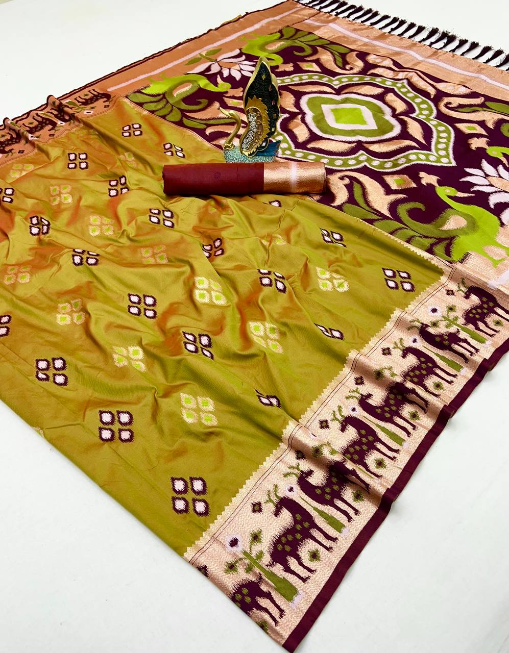 Mameraa Sarees Mustard Soft Saree With Zari Weaving Meenakari Rich Pallu And Unique Ikkat Border-Mustard