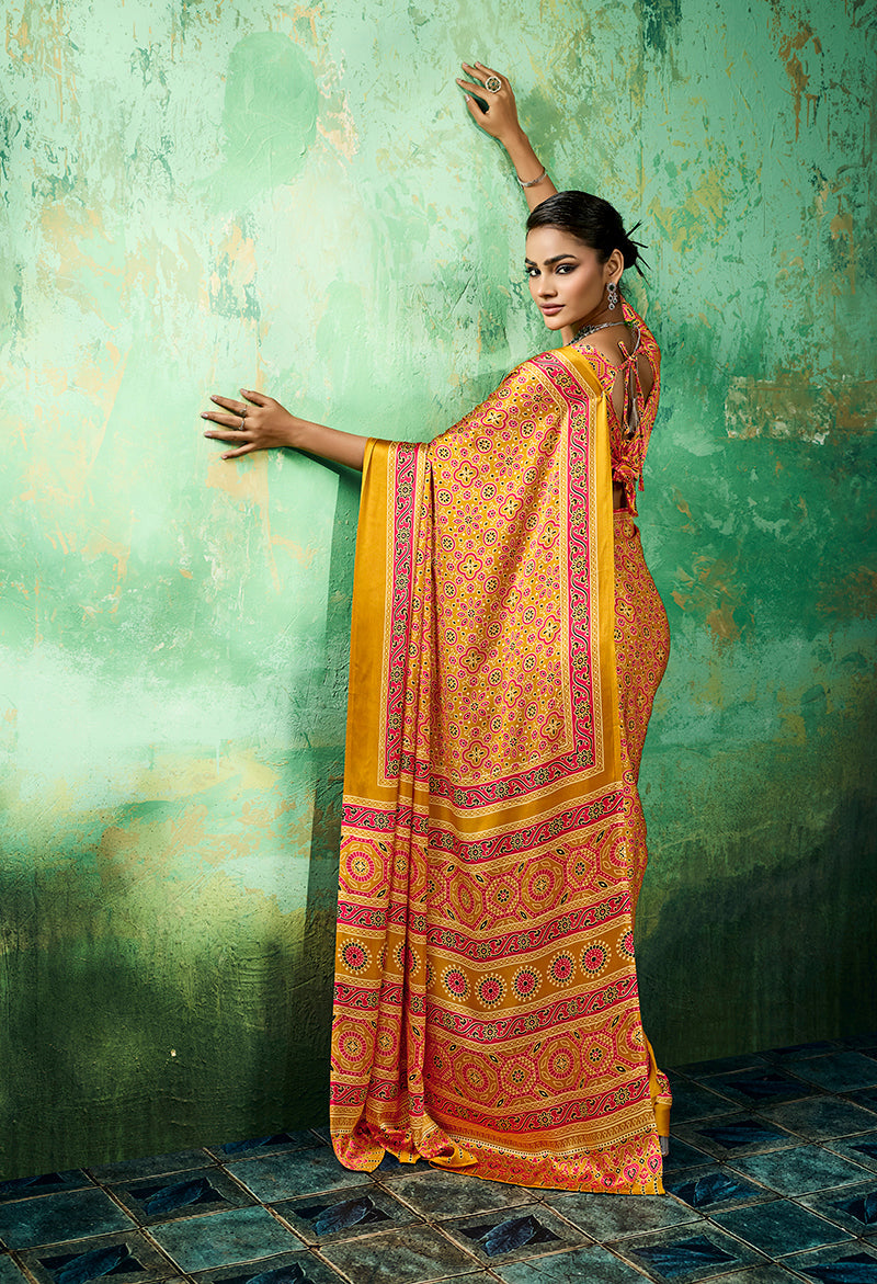 Monjolika Fashion Ajrakh Amber Faux Satin Printed Saree