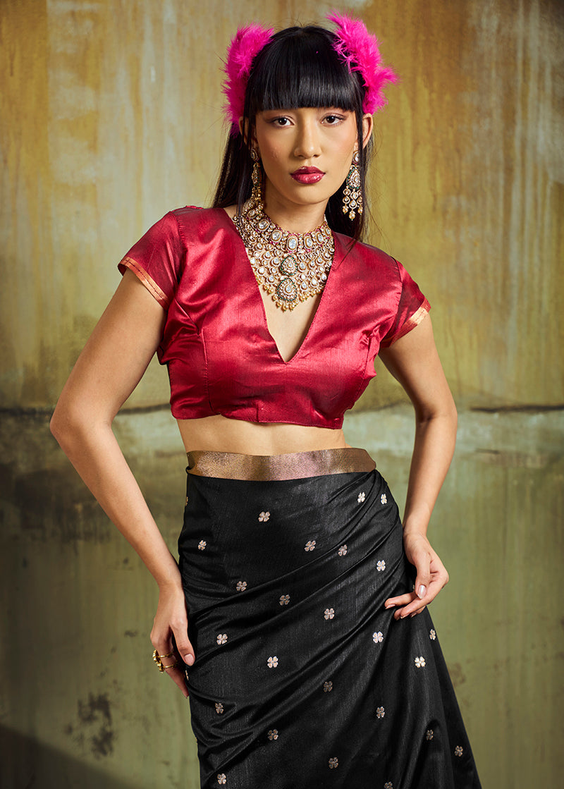 Monjolika Fashion Black Weaving Faux Tussar Silk Saree With Zari Woven Pallu