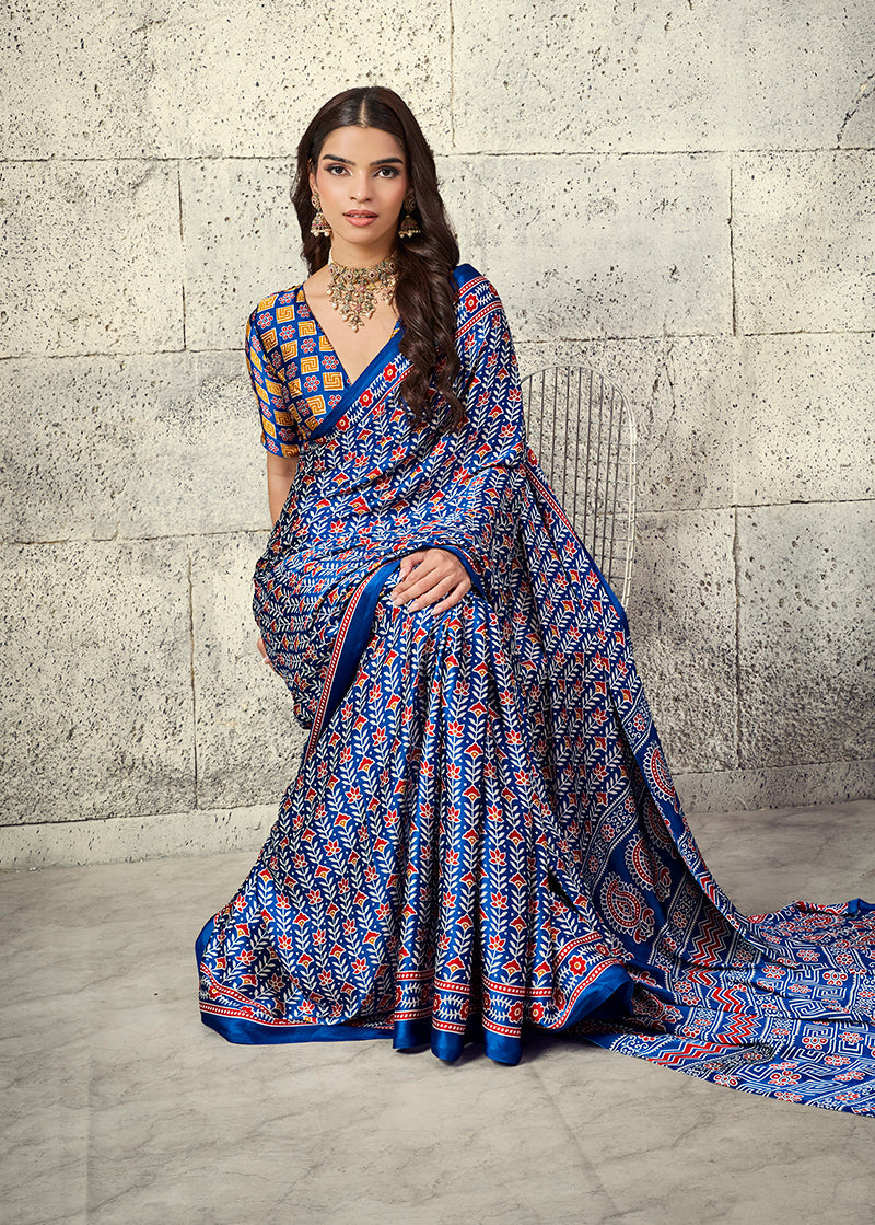 Monjolika Fashion Royal Blue Colour Satin Print Work Saree