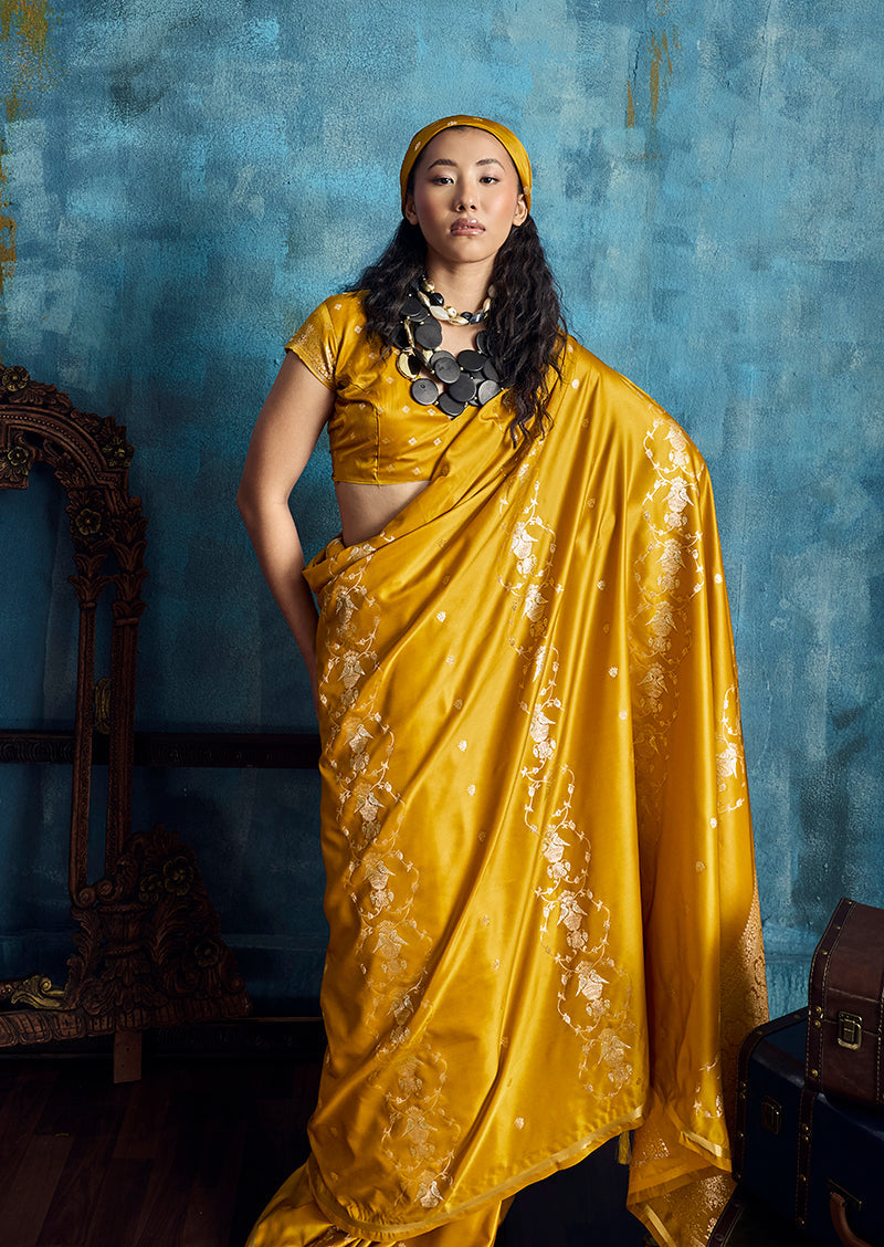 Monjolika Fashion Mustard Satin Weaving Handloom Silk Blend Saree