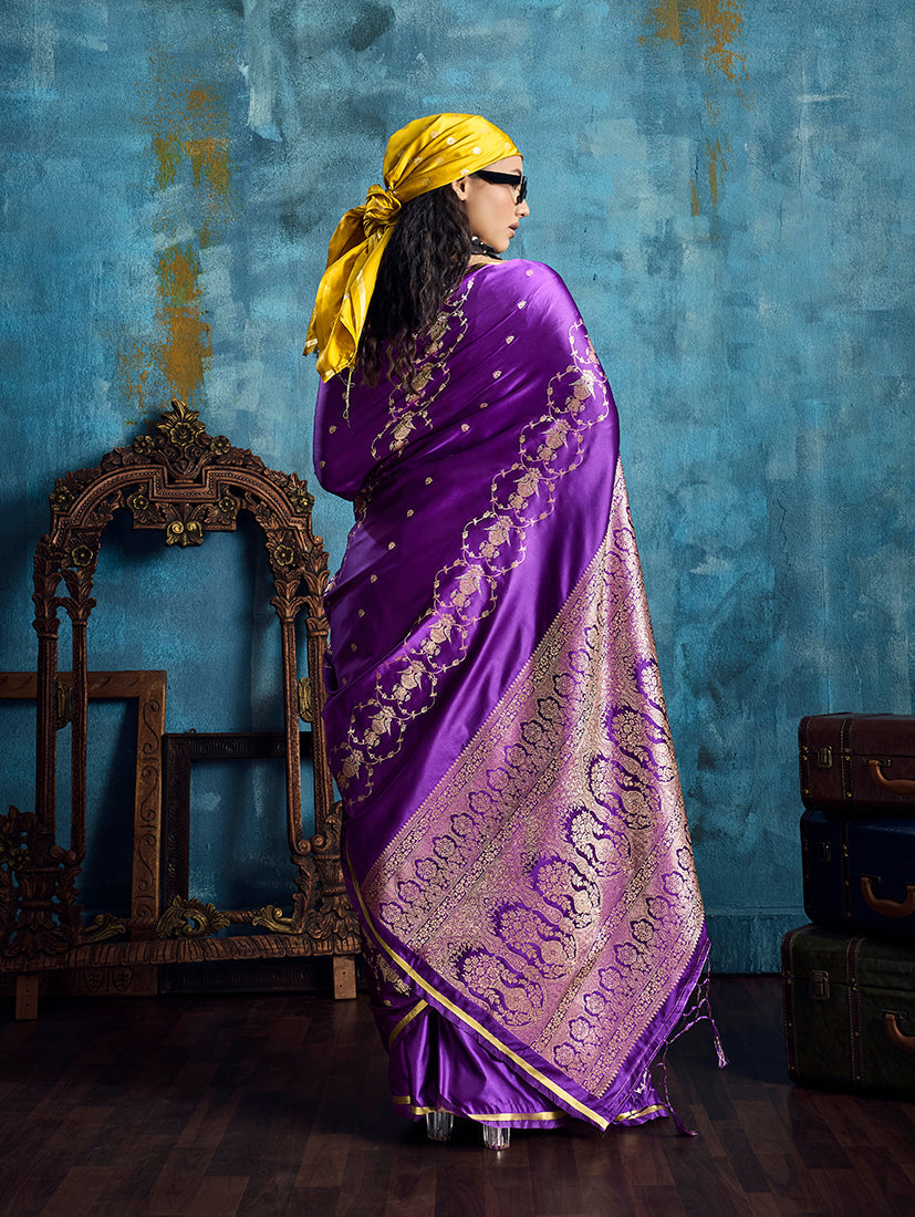 Monjolika Fashion Purple Satin Weaving Handloom Silk Blend Saree