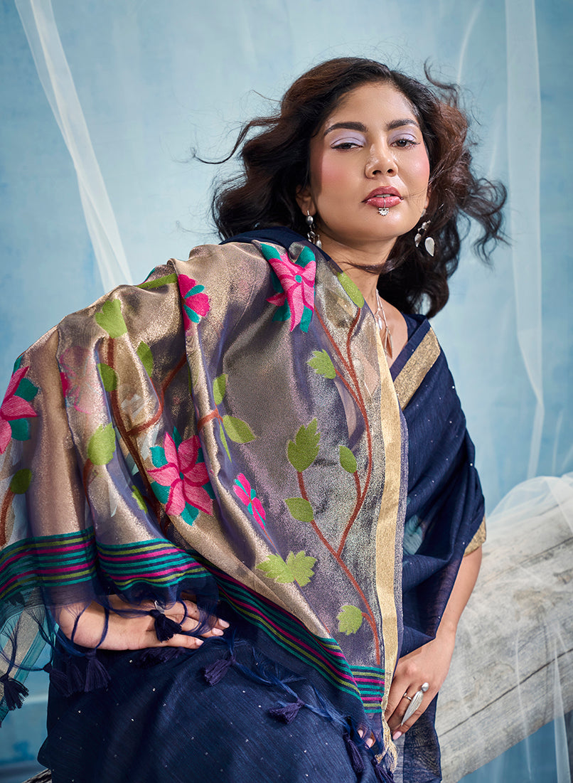 Monjolika Fashion Navy Blue Handloom Silk Blend Weaving Border Saree With Blouse