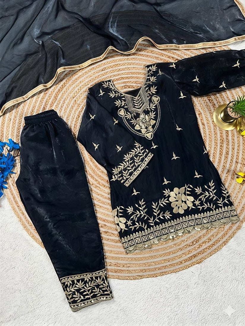 Evanik Black Silk Blend Embroidered Kids Top Salwar & Dupatta