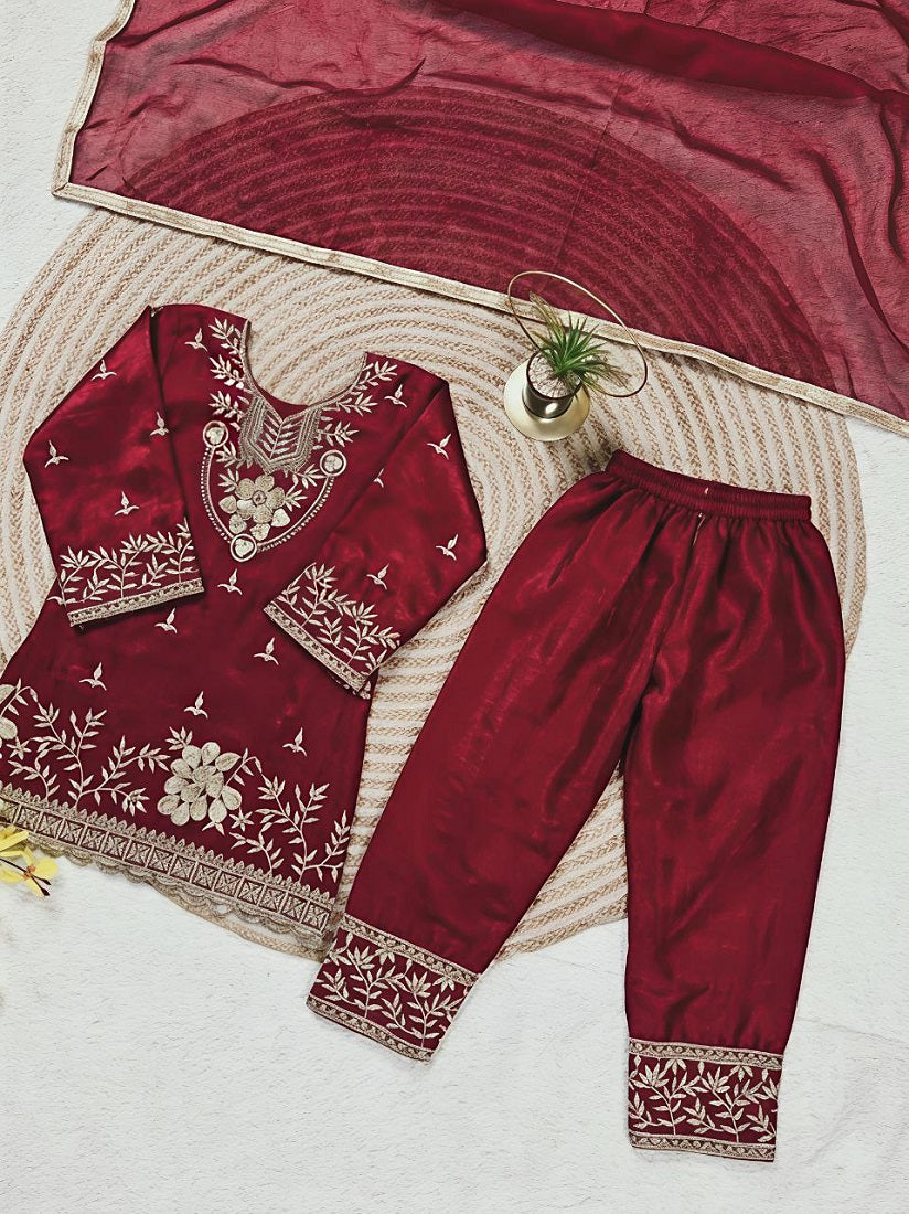 Evanik Maroon Silk Blend Embroidered Kids Top Salwar & Dupatta