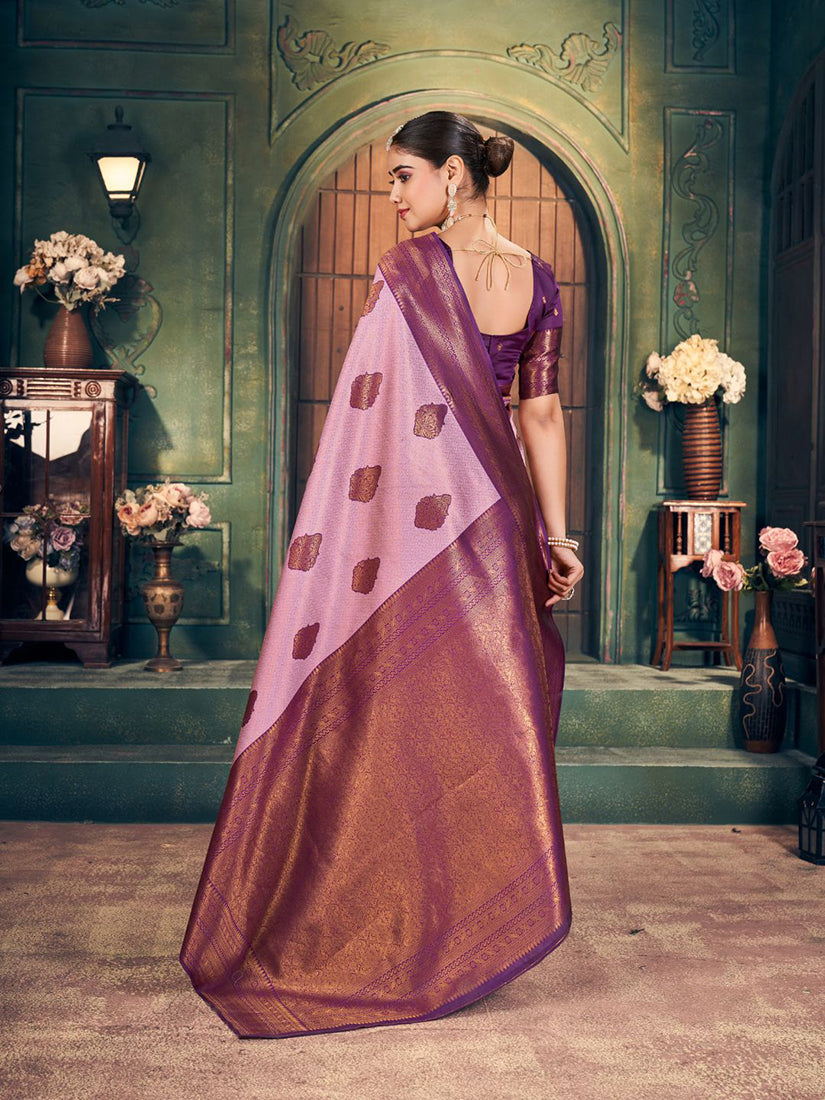 Monjolika Fashion Light Pink Soft Banarasi Silk Blend Saree with Purple Zari Border & Blouse Piece