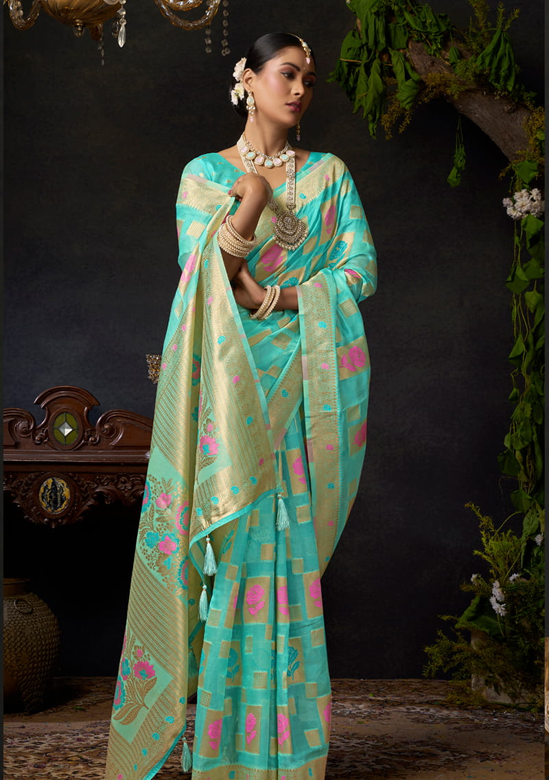 Monjolika Fashion Turquoise Organza Khadi Zari Weaving Saree with Blouse Piece