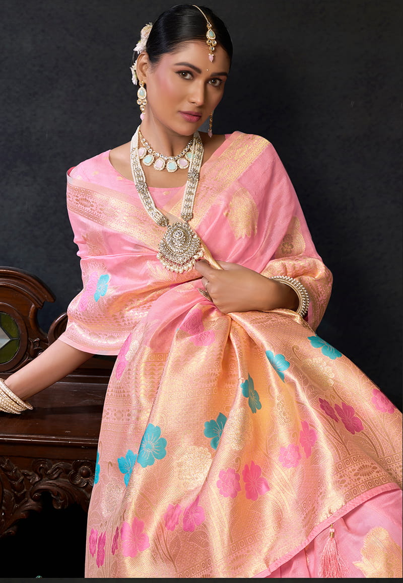 Monjolika Fashion Pink Organza Khadi Zari Weaving Saree with Blouse Piece