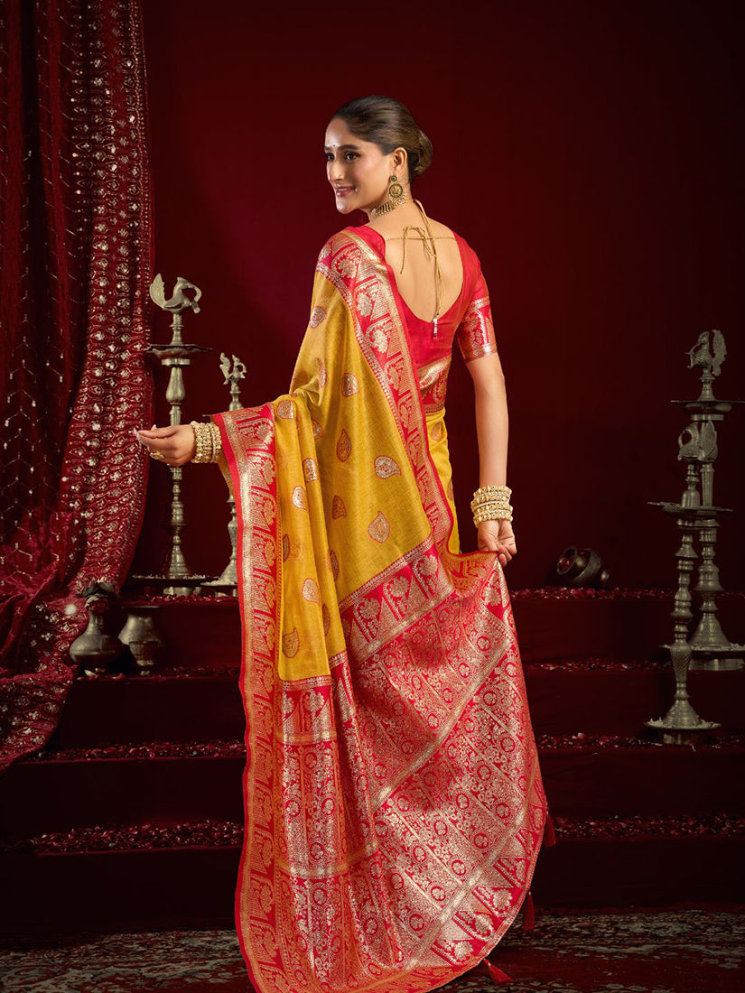 Monjolika Fashion Mustard Soft Banarasi Silk Blend Zari Woven Saree With Blouse Piece