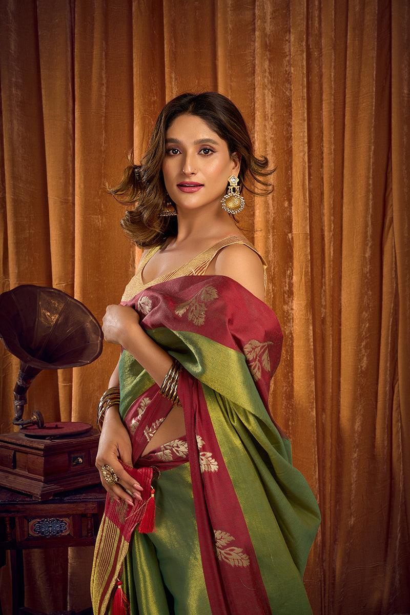 Monjolika Fashion Green Soft Tissue Silk Blend Saree with Wine Red Zari Woven Border