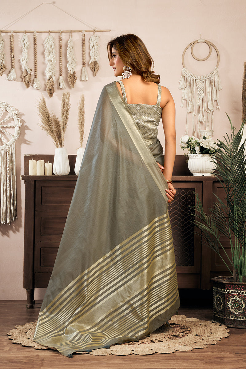 Monjolika Fashion Grey Khadi Cotton Saree with Golden Zari Border and Brocade Blouse