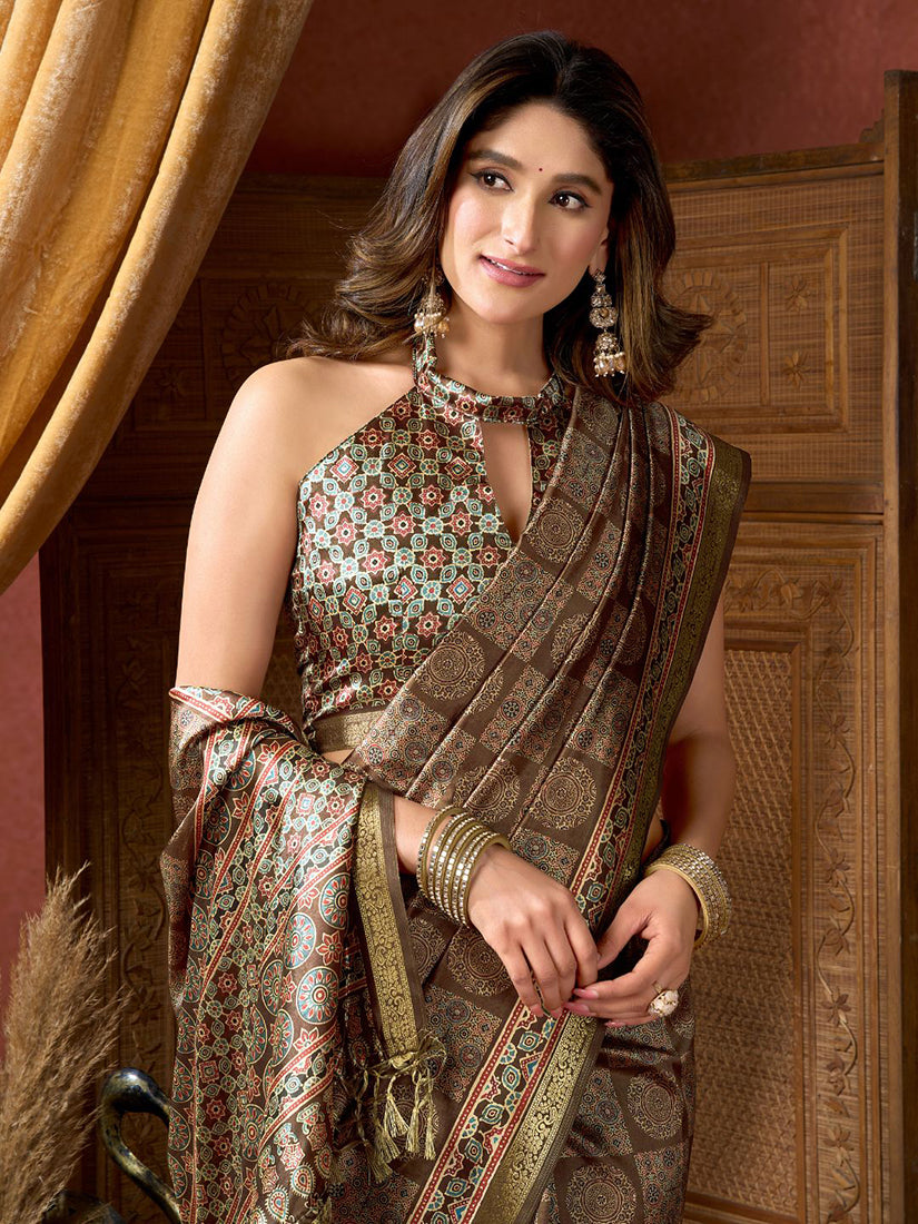 Monjolika Fashion Brown Faux Crepe Silk Printed Saree with Blouse Piece
