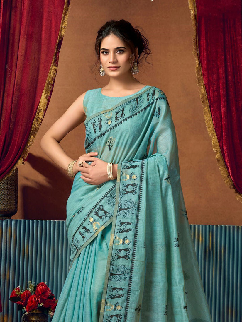 Monjolika Fashion Aqua Blue Cotton Blend Warli Work Saree with Unstitched Blouse