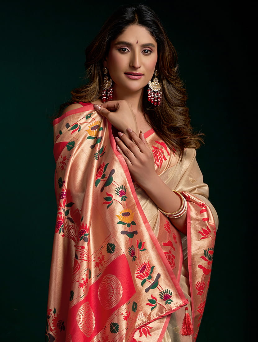 Monjolika Fashion Cream Soft Tissue Silk Blend Paithani Style Saree with Blouse Piece