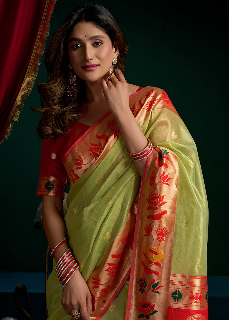 Monjolika Fashion Light Green Soft Tissue Silk Blend Paithani Style Saree with Blouse Piece