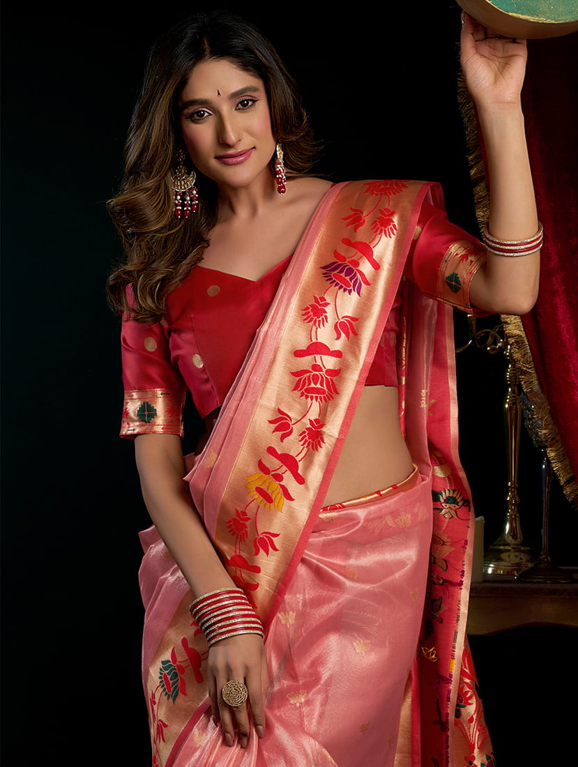 Monjolika Fashion Pink Soft Tissue Silk Blend Paithani Style Saree with Blouse Piece
