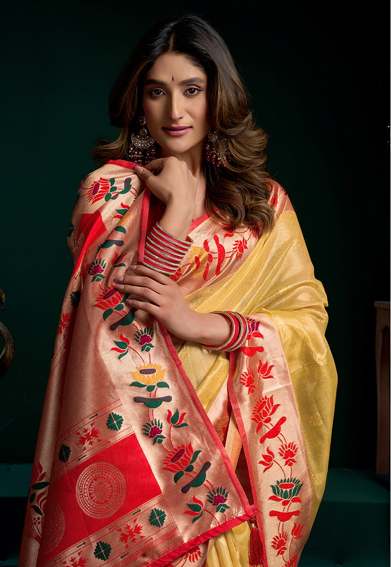 Monjolika Fashion Yellow Soft Tissue Silk Blend Paithani Style Saree with Blouse Piece
