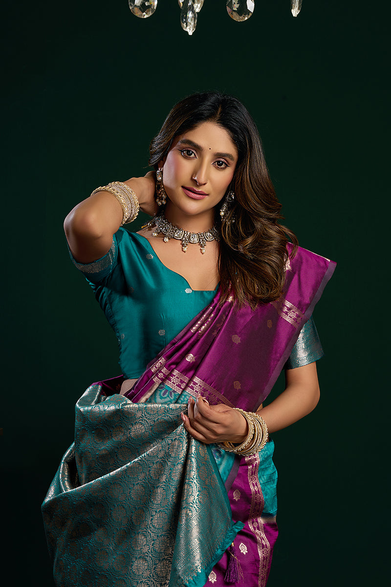 Monjolika Fashion Purple Soft Banarasi Silk Blend Zari Weaving Saree With Blouse Piece