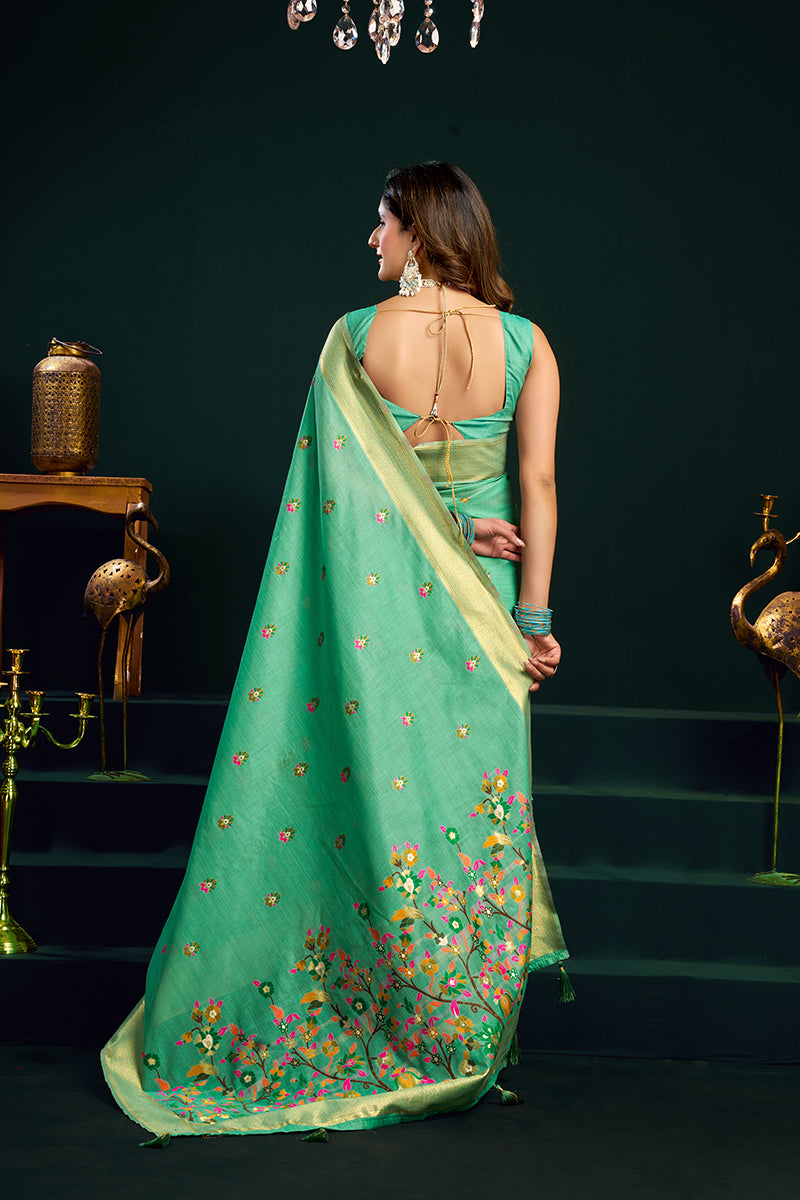 Monjolika Fashion Sea Green Cotton Blend Saree with Floral Meenakari Pallu and Gold Zari Border