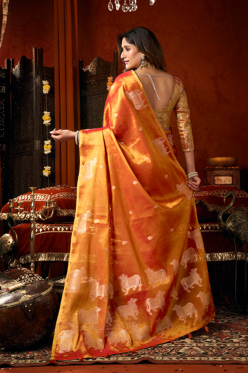 Monjolika Fashion Orange Tissue Silk Blend Saree With Cow Butta weaving work