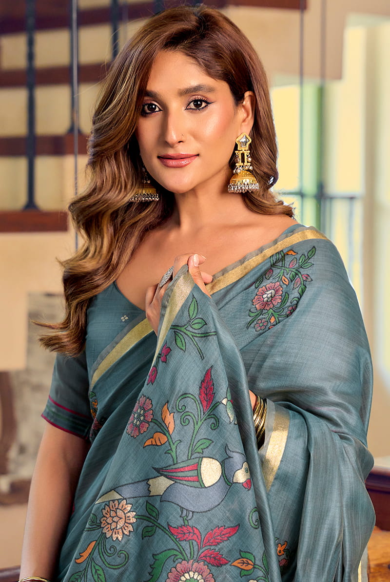 Monjolika Fashion Steel Blue Cotton Blend Saree With Litchi Work & Tassels
