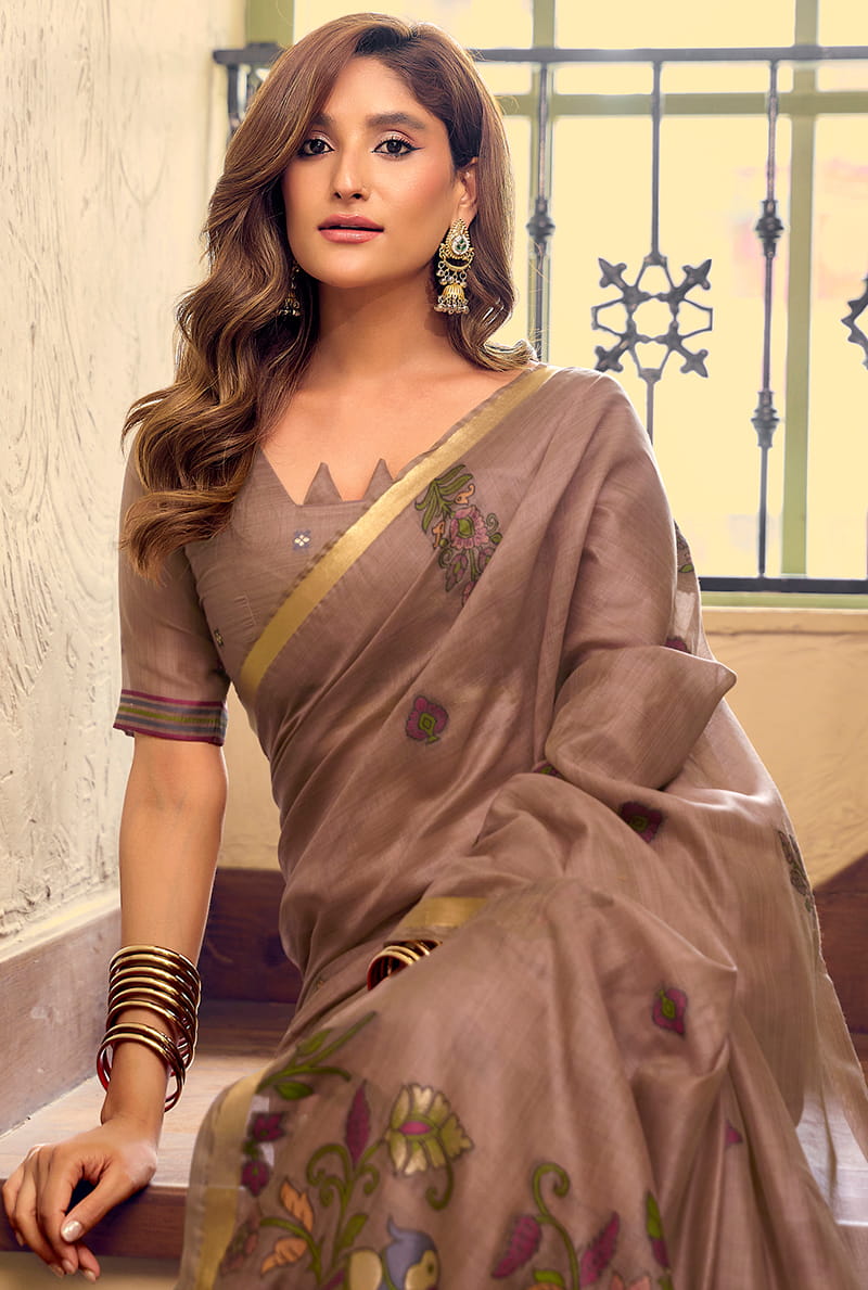 Monjolika Fashion Brown Cotton Blend Saree With Litchi Work & Tassels
