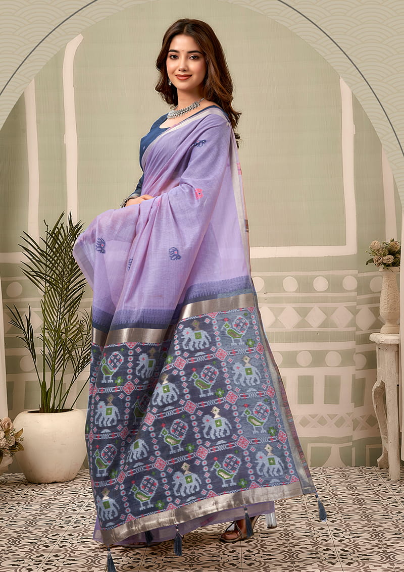 Monjolika Fashion Lavender Linen Blend Saree with Woven Elephant & Geometric Pallu