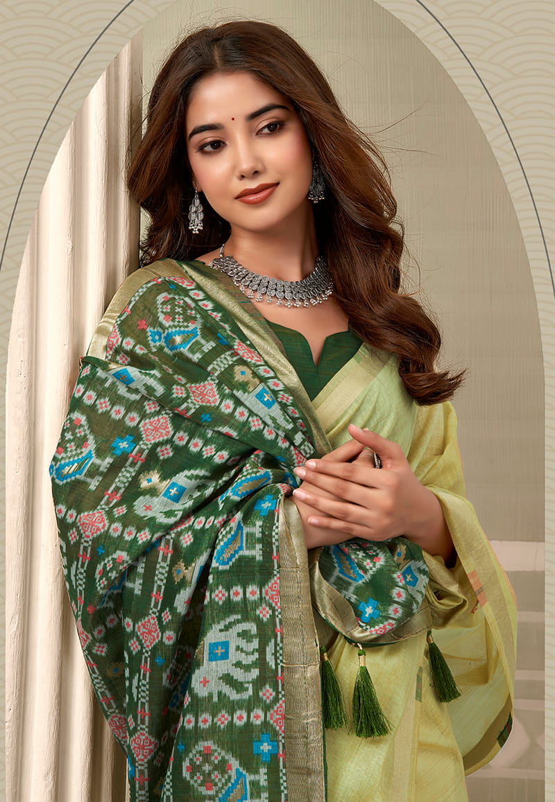 Monjolika Fashion Light Yellow Linen Blend Saree with Woven Elephant & Geometric Pallu