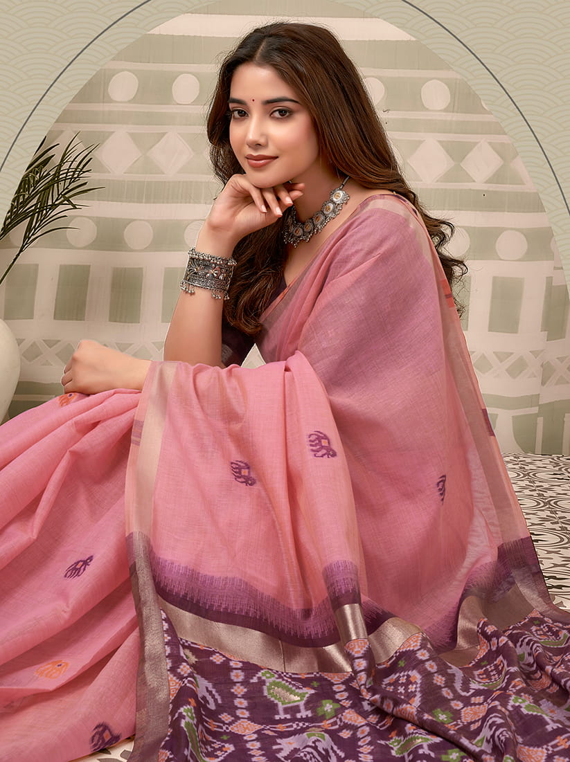 Monjolika Fashion Baby Pink Linen Blend Saree with Woven Elephant & Geometric Pallu