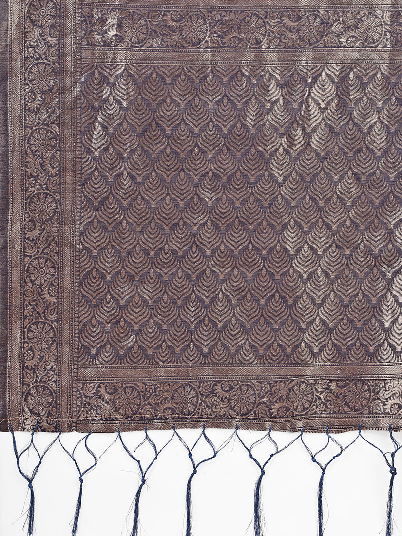 Monjolika Fashion Grey Floral Print Cotton Silk Blend Saree with Zari Pallu