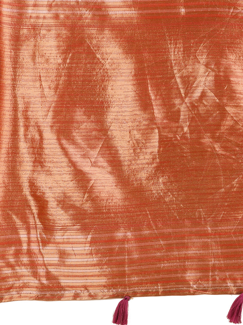 Monjolika Fashion Red Woven Linen Silk Blend Saree with Metallic Striped Border