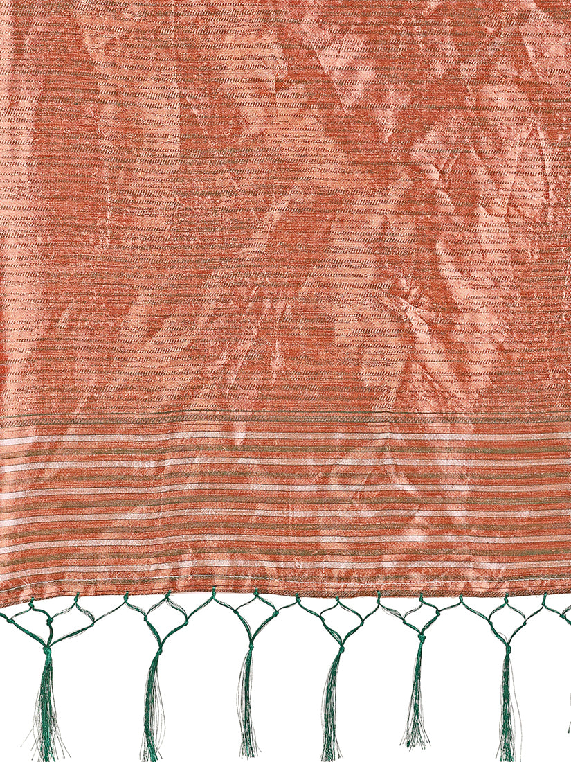 Monjolika Fashion Teal Green Woven Linen Silk Blend Saree with Metallic Striped Border