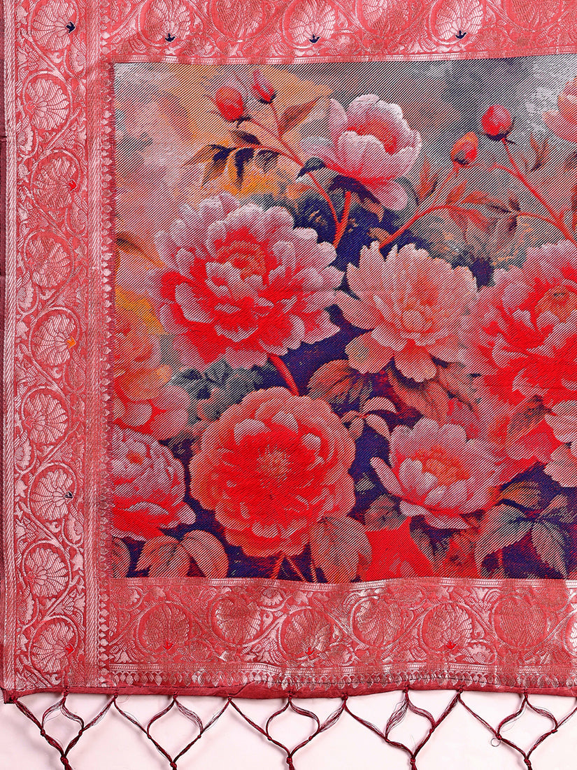 Monjolika Fashion Dusty Rose Pink Woven Linen Silk Blend Saree with Floral Print Pallu