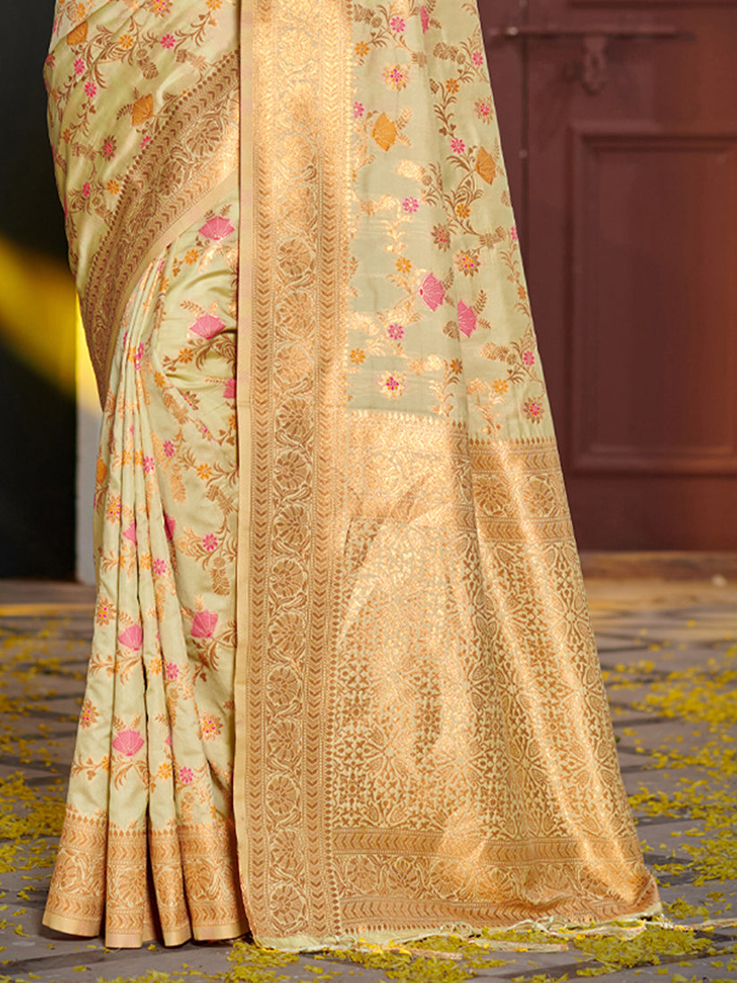 Monjolika Fashion Light Pistachio Green Banarasi Silk Blend Saree with Rich Gold Zari Floral Weaving